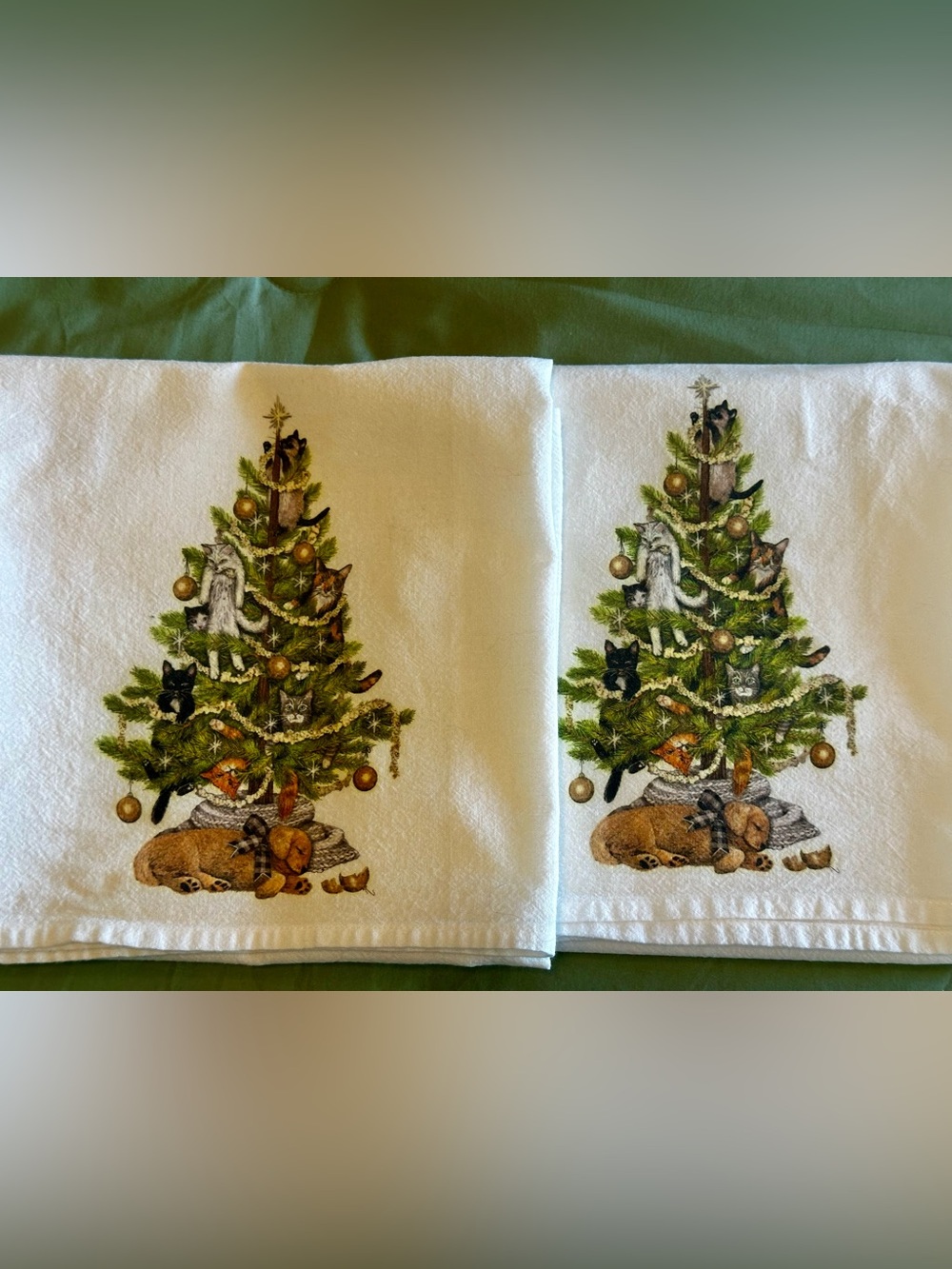 Pair of Mary Lake-Thompson Cotton Christmas Cat and Dog Tea Towels. CLEAN